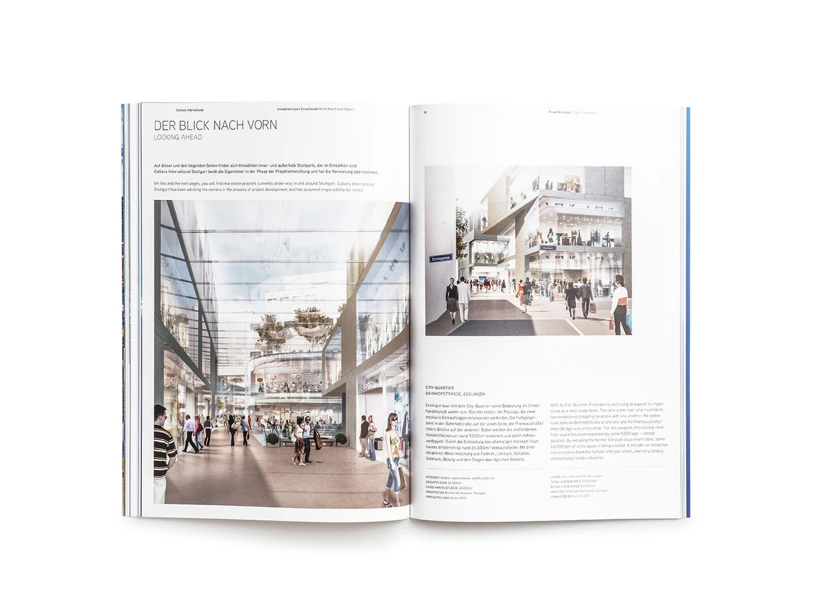 Graphic conception, art direction, editorial -Design, editorial concept - Retail Real Estate Report 2015 - by Colliers International Stuttgart - inside 5
