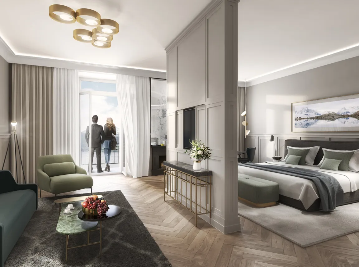 Hotel - Palace Hotel Lucerne - Interior Design Competition - hotelroom living space rendering