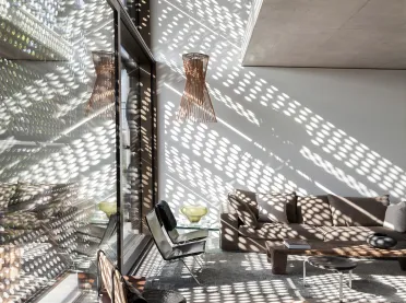 Single Family House Stuttgart - indoor - living area - external sun protector - perforated metal pattern - lighting - split level