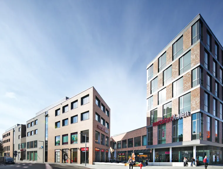 Design - permit approval planning - inner-city quarter - mercatura Aalen - areal overview - brick facades
