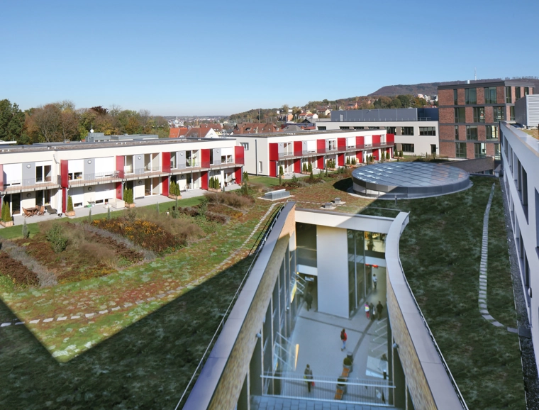 Design - permit approval planning - inner-city quarter - mercatura Aalen - view from rooftop - maisonette residential apartments - view towards enclosed courtyard arcade