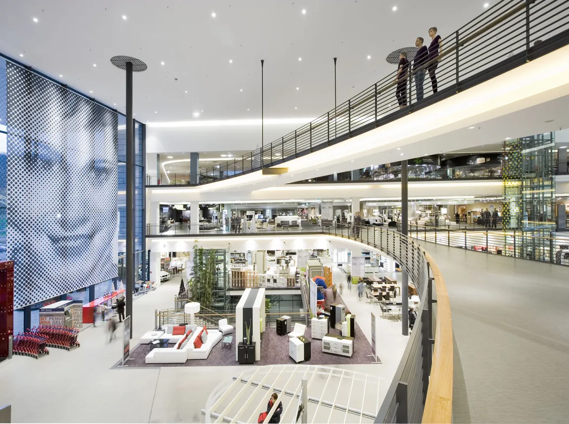 furniture store - new construction - facade design - Möbel Rieger Esslingen - level overview via indoors atrium