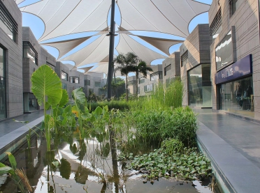 Retail and business park for retailers, service facilities and restaurants - Mondeal Retail Park Ahmedabad - inner courtyard greenery