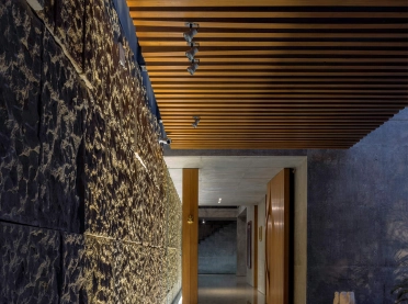 Private Residence Ahmedabad - new construction - entrance by night -  ceiling wood paneling