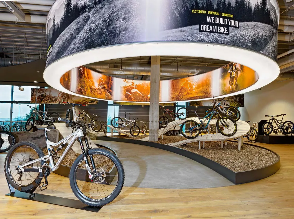 bike shop - flagship store - new construction and reconstruction - Rose Biketown Bocholt - mountainbike display area - big loop hanging light