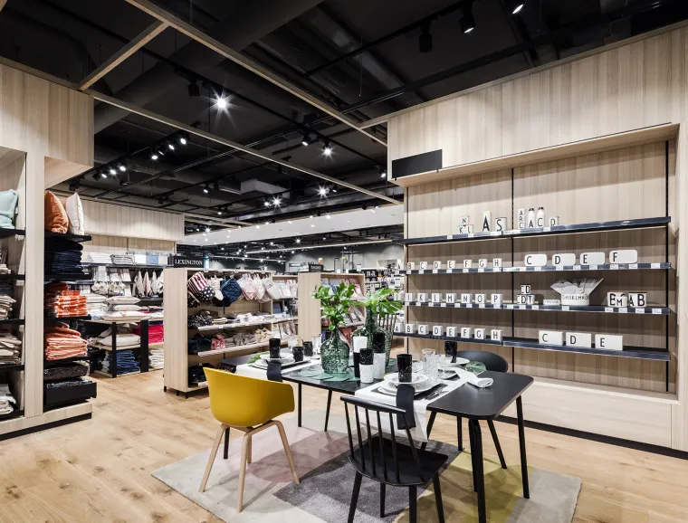 department store - new design - Stockmann Tapiola - living department - wooden display racks - dining table display