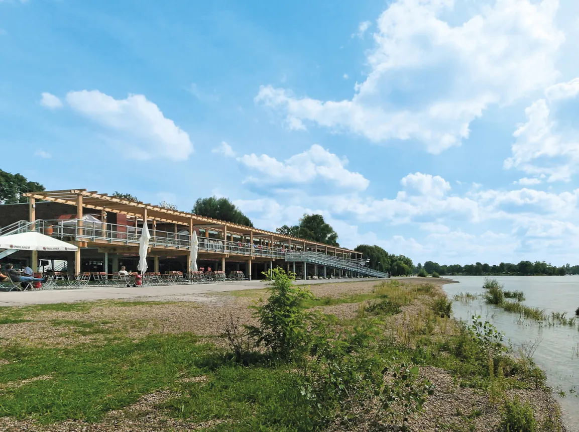 gastronomy building - construction - green building standards - competition - Strandbad Mannheim - building overview - view from river bank - outside terrace on ground level