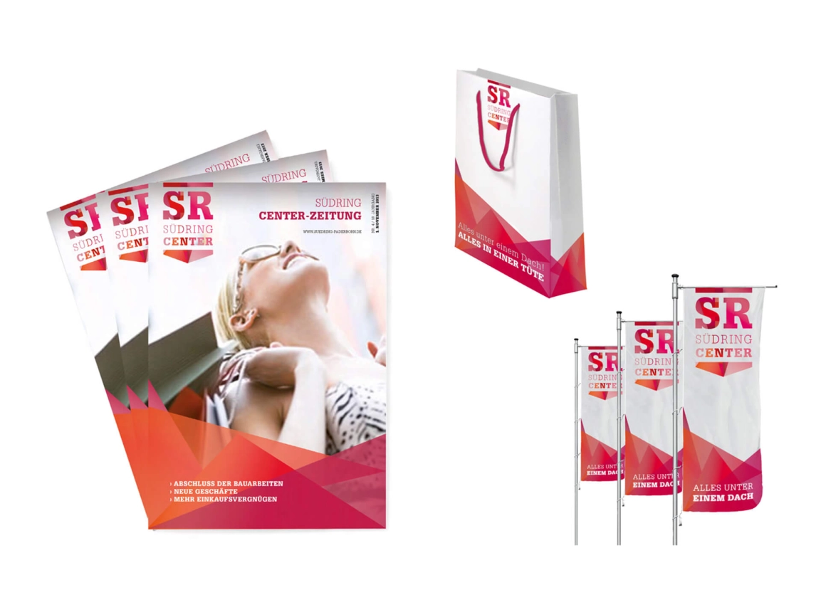 logo development - corporate design - guiding system - diverse implementations - corporate design - Südring Center - examples of application - brochures - paper shopping bag - representative flag  prints