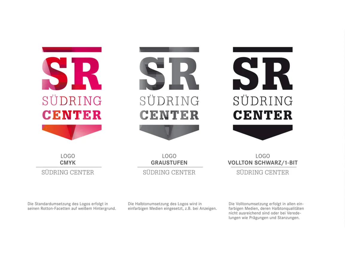 logo development - corporate design - guiding system - diverse implementations - corporate design - Südring Center - logo design - colour variations - cmyk red coloured - greyscale - black