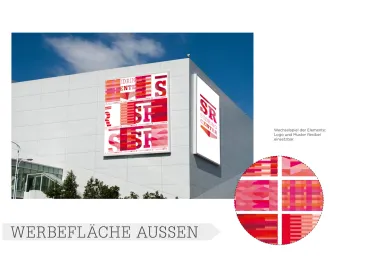logo development - corporate design - guiding system - diverse implementations - corporate design - Südring Center - advertising example on billboard - located on warehouse facade - detail of pattern variations