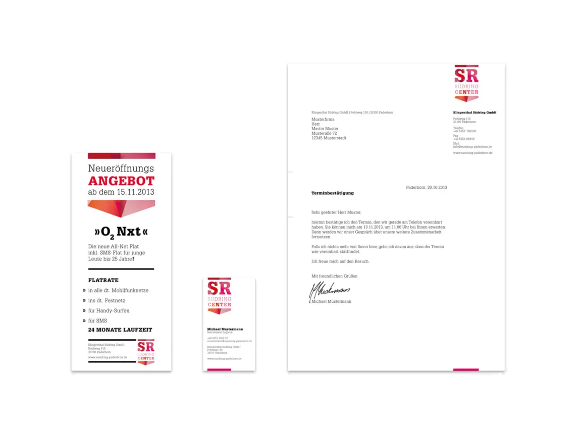 logo development - corporate design - guiding system - diverse implementations - corporate design - Südring Center - office equipment design - special sales fyler - business card - stationary paper