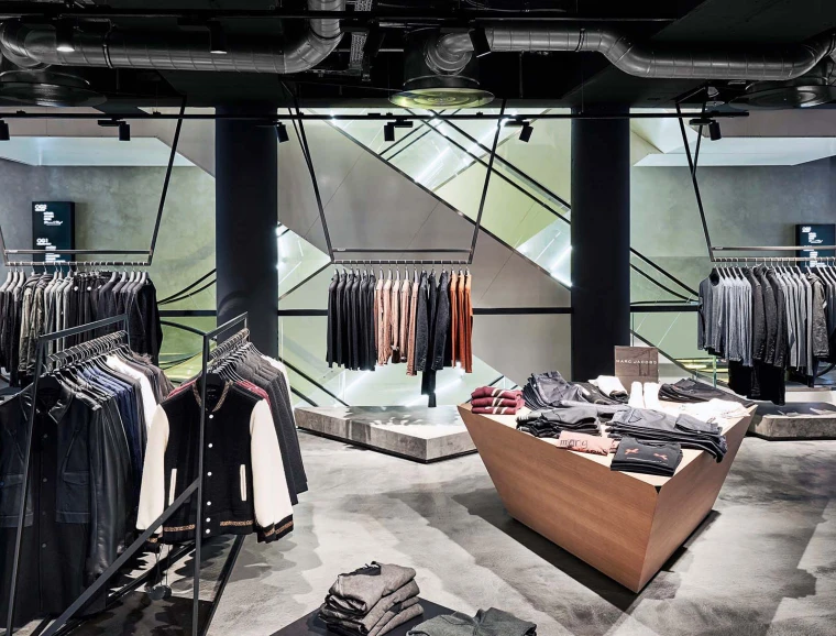 Men's Fashion Store - conception - realisation - Wormland Nuremberg - store wall towards escalator - hanging display racks